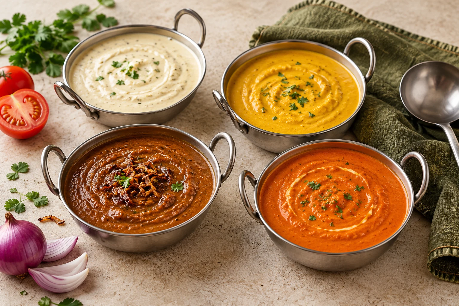 Illustrative selection of Indian gravy bases in four chef bowls